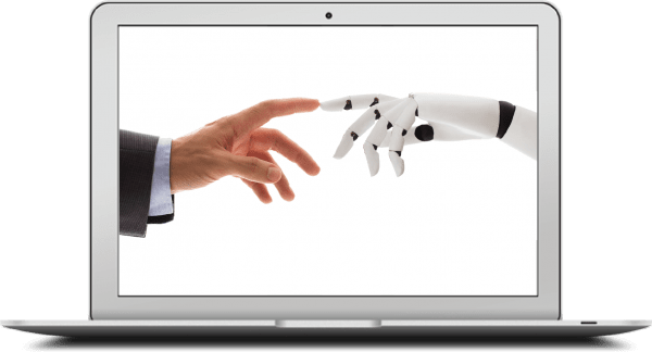 Mensenvinger en robotvinger raken elkaar aan voor accountancy software en robotic process automation.