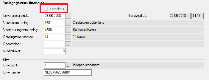 Afas basisgegevens financieel: Is crediteur