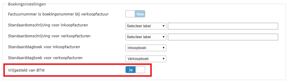 TriFact365 boekingsinstellingen: Vrijgesteld van BTW