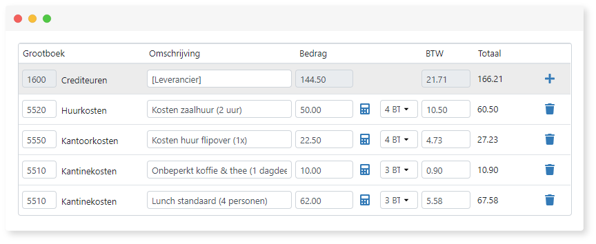 Boekingsregels automatisch uitgesplitst door regelherkenning in scan en herken software van TriFact365.