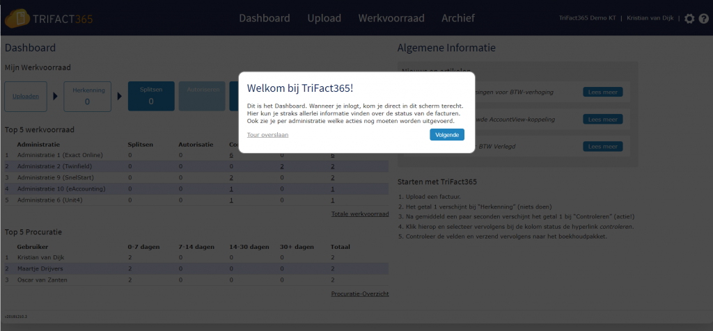 Instructietour van het TriFact365 dashboard
