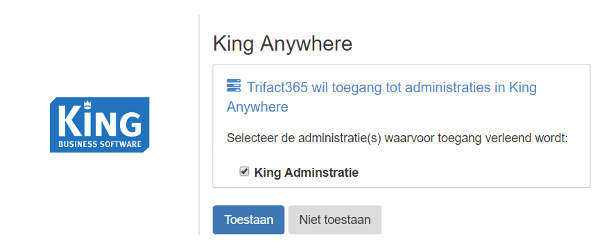 TriFact365 wil toegang tot administraties in King Anywhere: Toestaan.