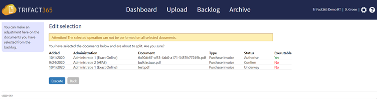 TrIFact365 Backlog split selected invoices