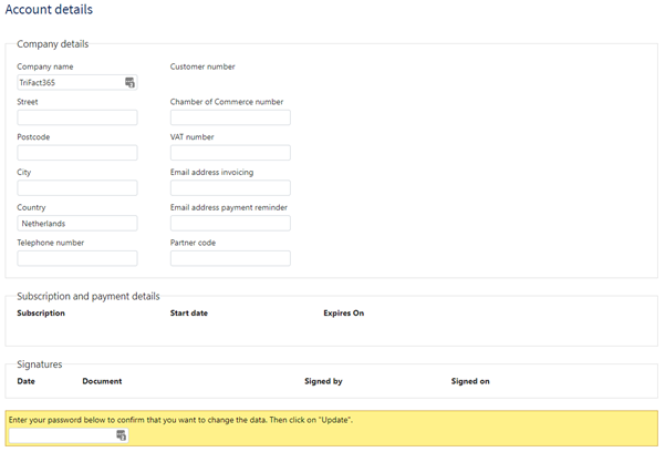 TriFact365 account details screen