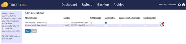 TriFact365 administrations list with confirmation setting checked.