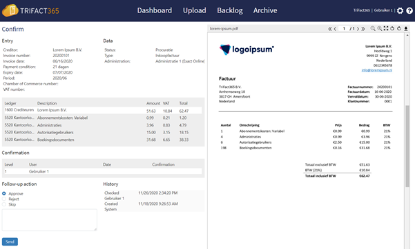TriFact365 approve invoice screen