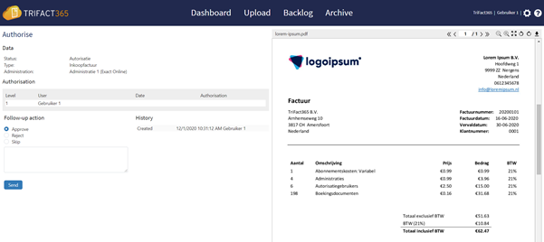 TriFact365 authorise invoice screen