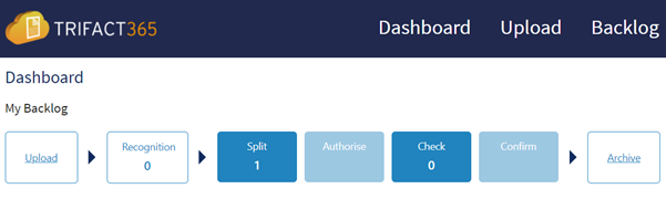 TriFact365 dashboard with 1 document that needs to be split