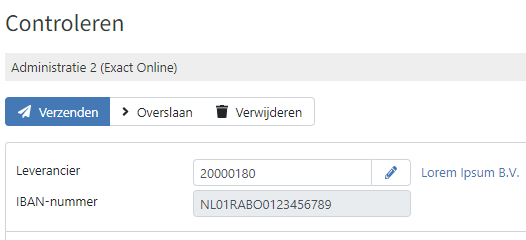 Voorbeeld van controle IBAN nummer met de digitale factuurverwerking van TriFact365 software.