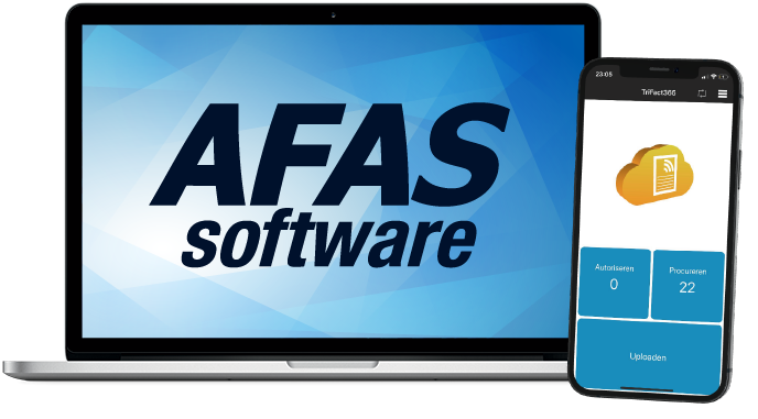 logo AFAS software  on a laptop and TriFact365 mobile app.