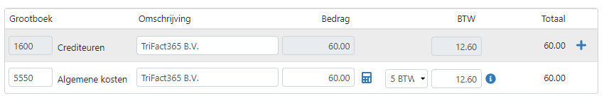 Blauw icoon rechts naast BTW bedrag op boekingsregel van boekingsvoorstel