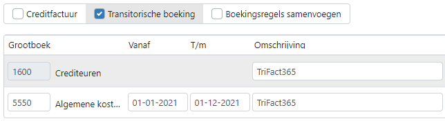 Vinkje Transitorische boeking boven de boekingsregels