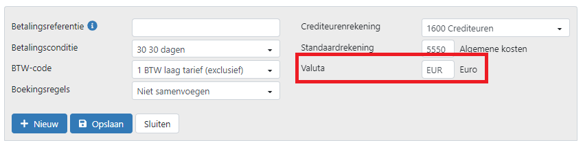 Vreemde valta in Trifact365. Selecteer een valuta onder de standaardrekening